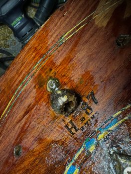 Thames Skiff Transom Honduras mahogany being scraped