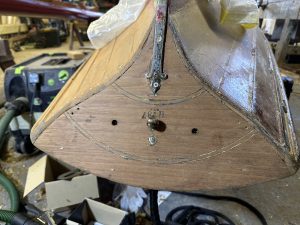 Thames Skiff Transom Honduras mahogany being scraped